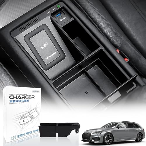 Wireless Car Charger for Audi A4 A5 S4 S5 RS4 RS5 2017-2023, Multifunctional Center Console Organizer with QC3.0 USB Wireless Fast Phone Charging Pad for Audi A4(B9) Armrest Box Accessories