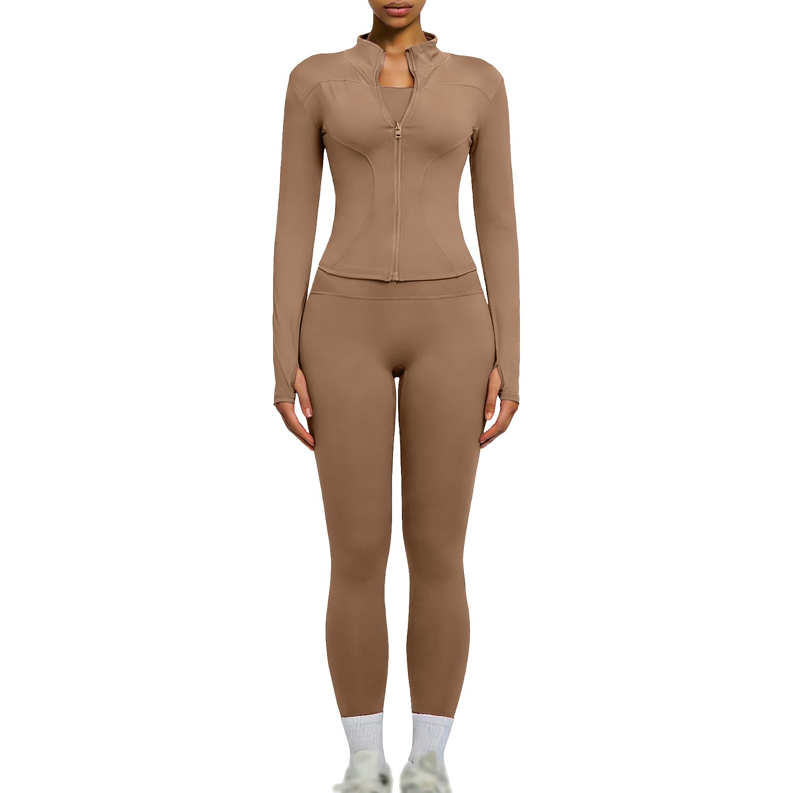 Set da palestra da donna, 2 pezzi, a maniche lunghe, con cerniera, con leggings nascosti, set da allenamento a vita alta, leggings morbidi e aderenti, per pilates, yoga, jogging, abbigliamento