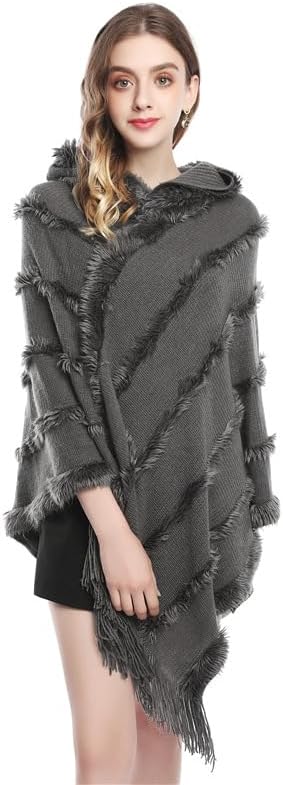 Poncho à Capuche Avec Franges ITODA - Châle Tricoté Chaud Et Élégant Pour Femme - Cape Hiver Automne