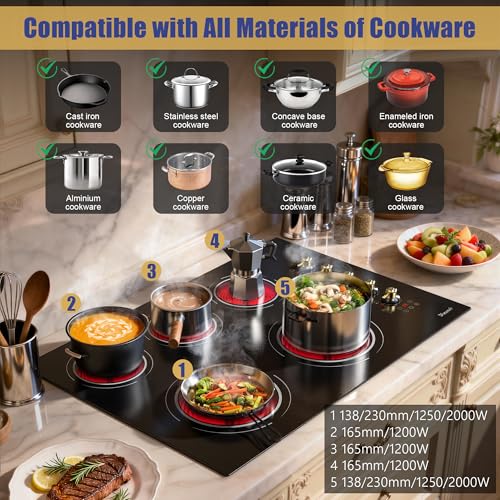 Image of Upgraded 30 inch Electric Cooktop(Cut-out Size: 29.13 inchx19.3 inch) - 8600W High Power 5 Burners 30 Inch Electric Stove Built-in, Timer, Safety Lock, Knob Control, 240V Hard Wired (No Plug)