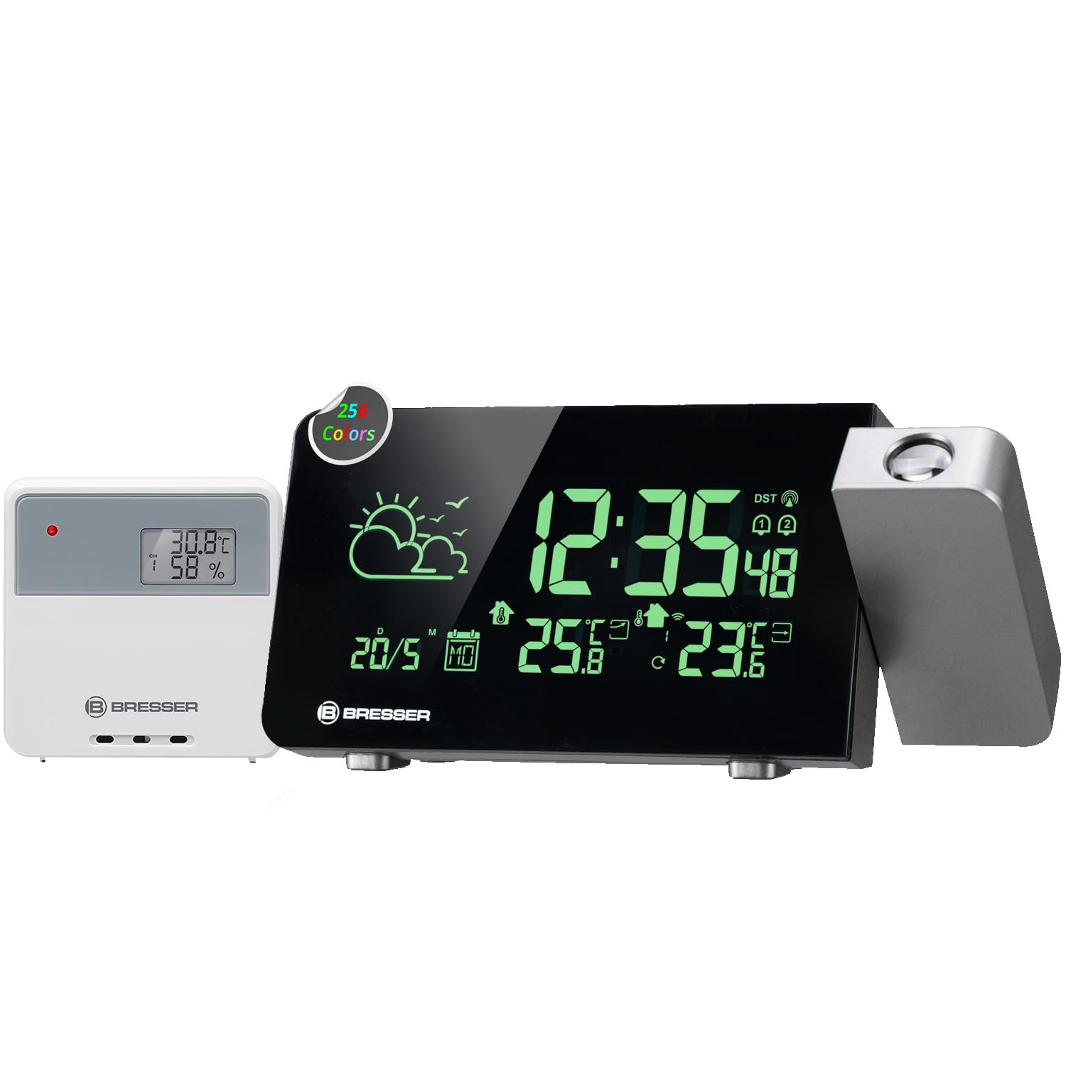 Bresser Stazione meteorologica radio con proiezione, cambio colore, previsioni meteo, avviso gelo, 256 colori del display, 2 sveglie, incluso sensore esterno