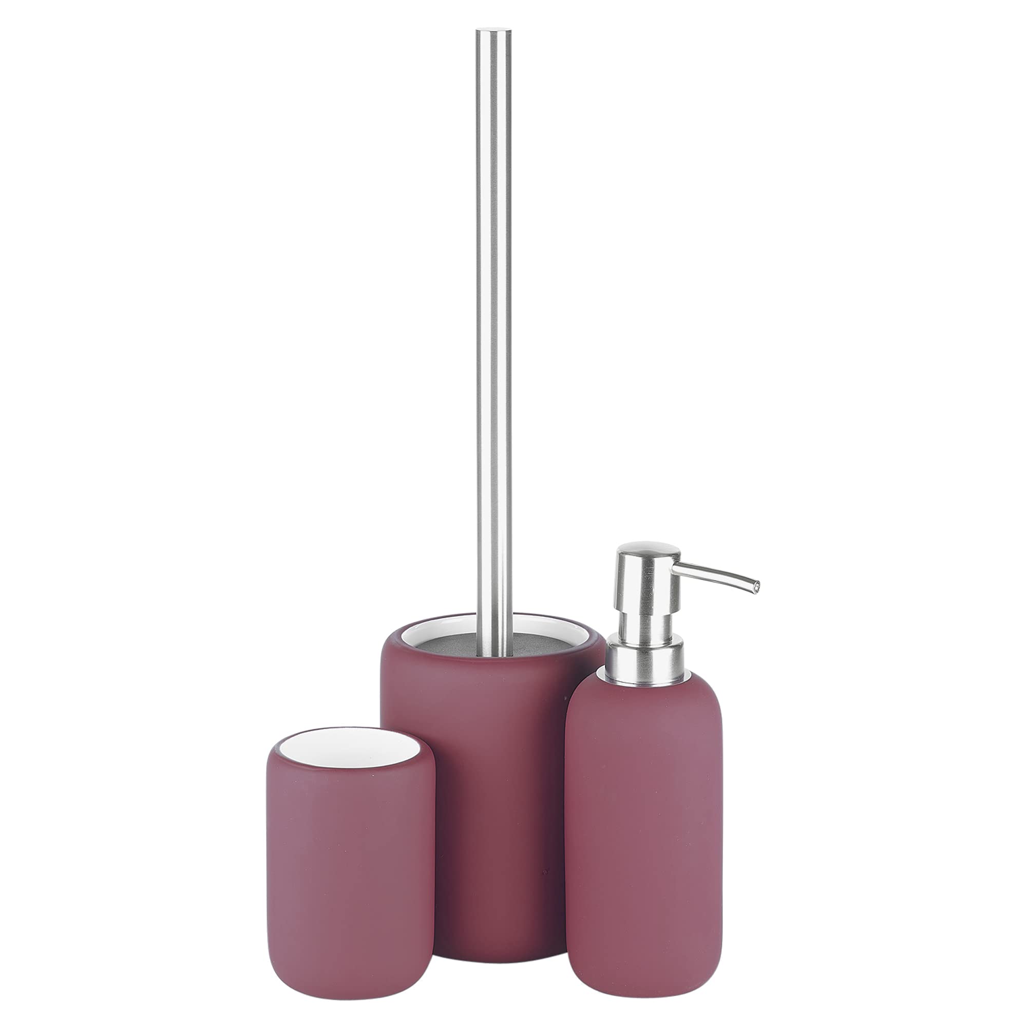 Urbnliving Purple 3Pcs Ceramic Matt Colour Matching Bathroom Dispenser Tumbler Toilet Brush Set (, One Of Each Set)