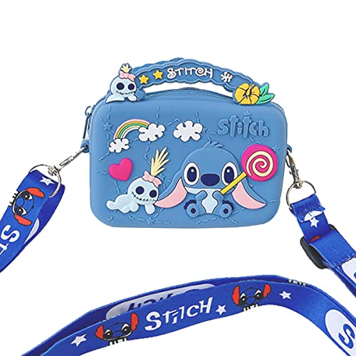 Stitch Kids Purse Silica gel Coin Bags Portable Jewelry Pouch with Kiss-Lock Closure Cute Stitch Crossbody Bag Adjustable Strap for Kids Gift Birthday Present - Blue