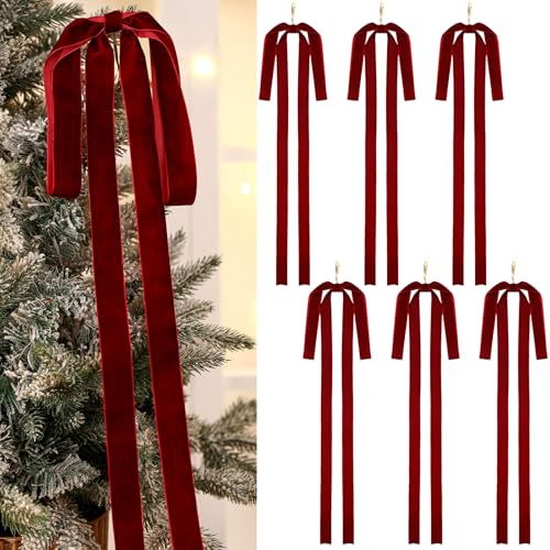 Janinka 6 Pcs Velvet Christmas Swag Bow 23.5x15.5 Inch Rustic Large Velvet Christmas Staircase Wreath Bows Vintage Tree Topper Bows Large Bow for Outdoor (Wine Red)