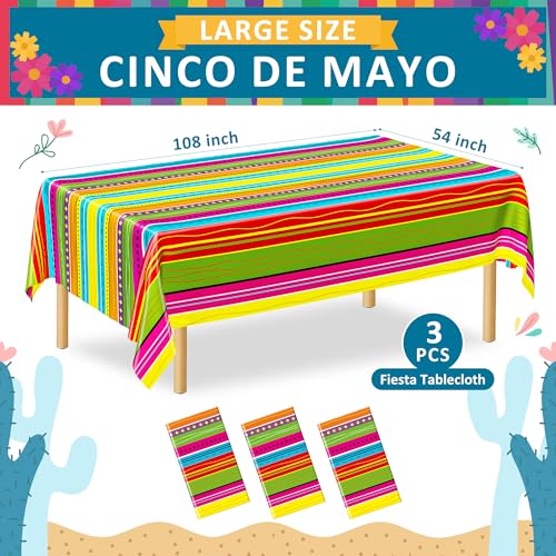 Image of 3 Pcs Plastic Day of the Dead Tablecloth Mexican Theme Party Decorations | 54 inch x 108 inch Fit 6FT Table, Thick PE3 Plastic Rectangle Table Cover, Colorful Serape Stripe Dinnerware Fiesta Decorations