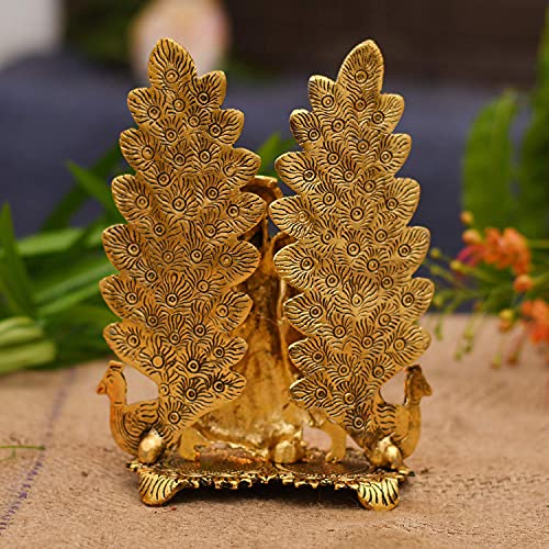 Image of Brass Finish Metal Statue of Lord Krishna and Radha with Peacock, Traditional Indian Decor with Intricate Detailing for Home & Office 7-Inch Decorative Idol for Spiritual, Cultural.