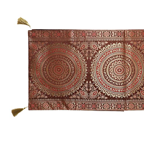 Image of Diwali Decor Brocade Jacquard Silk Table Runner Long Runner for Dinning & Centre Table Mandala Print 72 x 16 Inches (Coffee Brown)