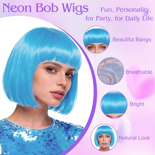 Image of MEEZY 2 Pcs Colorful Bob Wigs with Bang Sky Blue Light Purple for Women, Neon Funny Wig Short Bob Hair with Heart Sunglasses Hair Cap for Halloween Costume Cosplay Birthday Bachelorette Party Carnival