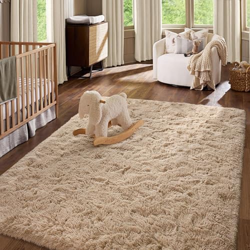 Bedroom Rugs Fluffy Neutral 3x5 Beige Area Rug,1.7'' Thick Modern Plush Non-Slip Soft Living Room Shag Carpet for Book Room Office,Coffee Stain Resistant