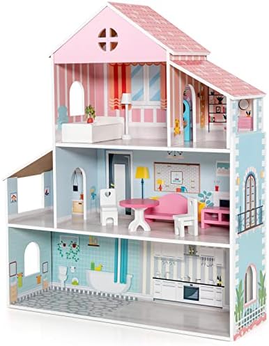 GYMAX Kids Dollhouse, Wooden 3 Storey Dolls House with 8 Furniture Accessories, Large Doll House for Girls Boys Aged 3-7 Years Old