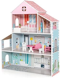 GYMAX Kids Dollhouse, Wooden 3 Storey Dolls House with 8 Furniture Accessories, Large Doll House for Girls Boys Aged 3-7 Years Old