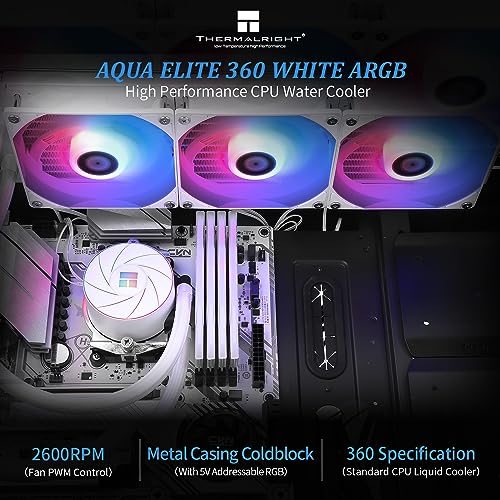 Thermalright Aqua Elite 360 ARGB White V4 CPU Aio Cooler, 360 CPU Liquid Cooling, Pump Head Speed up to 6400RPM,for AM4/AM5,Intel LGA1851/1150/1151/1200/2011/1700,High Performance Radiator(White) 1