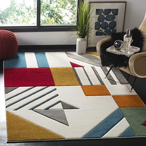 SAFAVIEH Hollywood Collection Area Rug - 6'7" x 9', Ivory & Peacock Blue, Mid-Century Modern Design, Non-Shedding & Easy Care, Ideal for High Traffic Areas in Living Room, Bedroom (HLW709B)