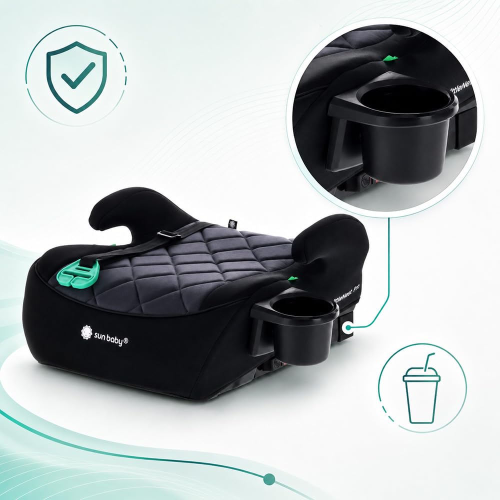 SUN BABY LITTLENEST PRO Elevador Coche ISOFIX 125–150 cm - Negro | i-Size R129, portavasos, asiento acolchado infantil