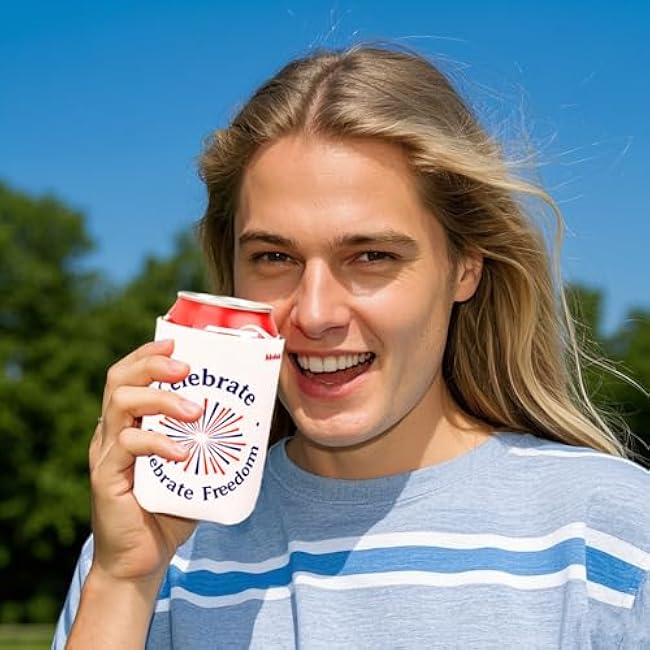 12PCS 4th of July Beer Can Cooler Sleeves Insulated Collapsible USA Pattern Covers for Independence Day Memorial Day and Patriotic Party Decorations Indoor & Outdoor