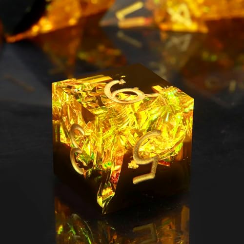 Haxtec Sharp Edge Dice Set Yellow Black Resin DND Dice Set Sparklingly Polyhedral D&D Dice for Dungeons and Dragons Fire Dice