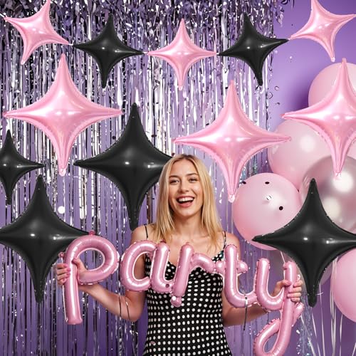 Image of Pink Black Star Balloons,12Pcs Four Angle Star Foil Balloons | 26Inch and 10Inch Pink Black Quadrangle Star Helium Balloon for Birthday Baby Shower Wedding Party Decorations