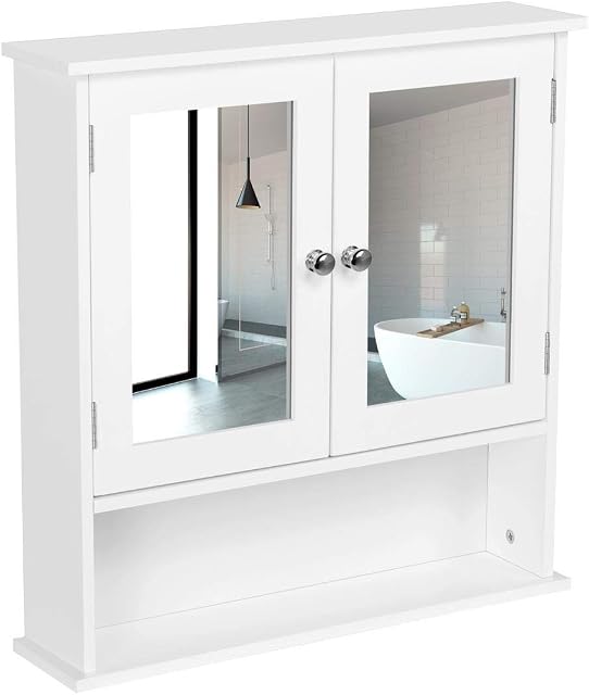 costoffs Wooden Bathroom Mirror Cabinet Double Doors Wall-mounted Cabinet with Adjustable Shelf Medicine Cabinet for Kitchen/Living Room/Bedroom (White)