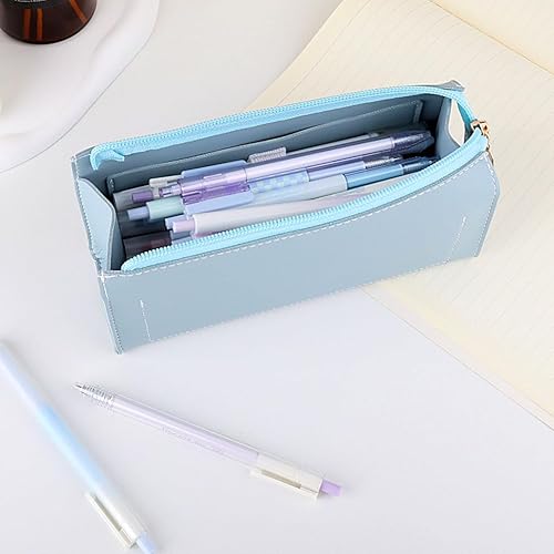 Miniatura 7 de iSuperb Estuche de cuero para lápices de PU con cremallera, bolsa de maquillaje para cosméticos para viajes de oficina (azul)