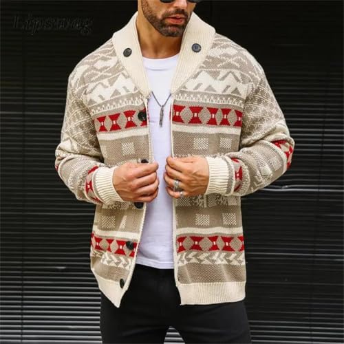 Men Tops Casual Long Sleeve Turn-Down Collar Buttoned Knit Cardigans Vintage Geometric Sweater3