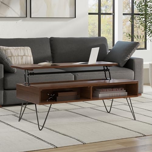 Image of SIMPLIHOME Hunter 48 inch Wide Walnut Veneer and Metal Coffee Table in Brown