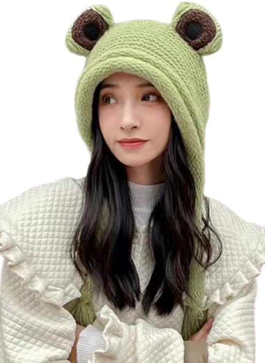 Cute Big Eye Frog Hat Fashion Beanie Crochet Knitted Hat Adult Winter Ear Warmer Protective Fisherman Hat Gift 2023 (Color : Green, Size : One Size)