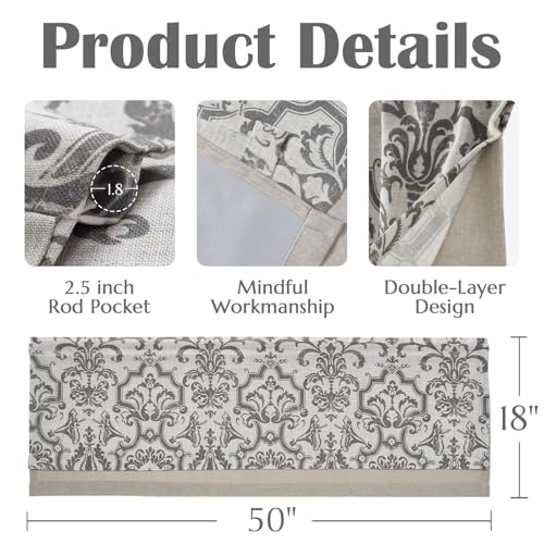 jinchan Linen Valance Curtain for Kitchen Vintage Damask Floral Blackout Valance Double Layer Gray Small Window Curtain for Living Room Bedroom Bathroom 18 Inch Rod Pocket 1 Panel Grey on Beige