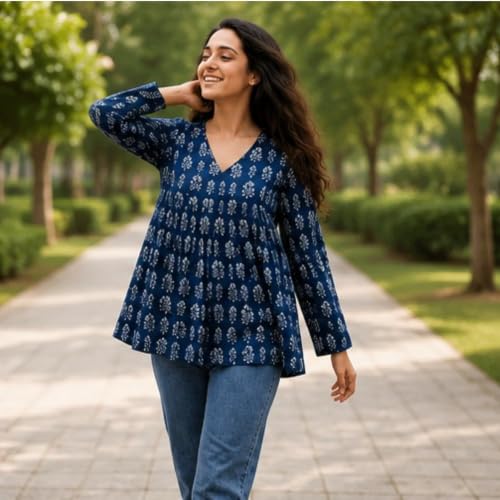 Image of Women's Printed V-Neck Short Kurti | Casual Long Sleeve Tunic Top