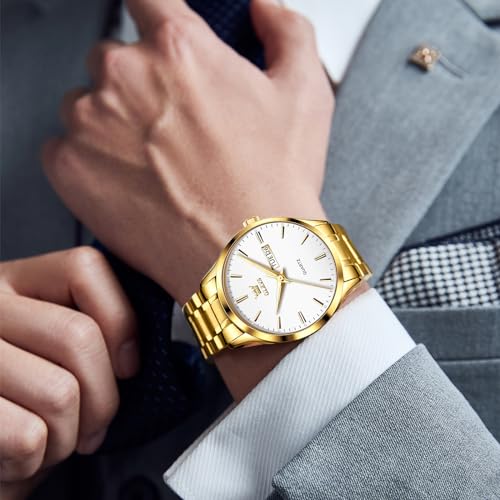 OLEVS Men's Gold Watch, Luxury Large Face Stainless Steel Analog Quartz Dress Watch, Fashion Simple Day Date Waterproof Luminous Wrist Watch for Men - Image 4