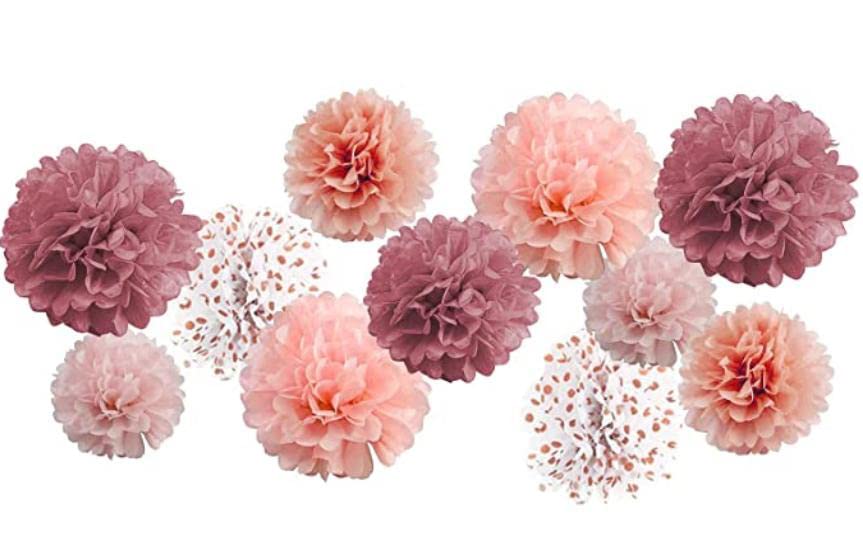 Pompones de papel de seda rosa de oro, flor de papel rosa de oro de color gradiente de lunares para la boda, cumpleaños, fiesta (12 piezas)