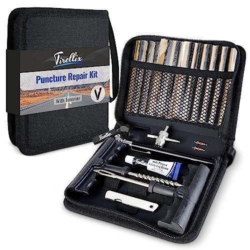 Tirellix Flat Tire Repair Kit (with Trimmer) - 24 Piece Tire Puncture Repair Kit for Car, Auto, Emergency Tire Repair Tools and Tire Plugs in Zippered Organizer Carry Case, for Tubeless Tires