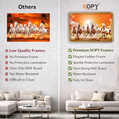 Image of XOPY Seven Running Horses with Golden Frame | Vastu 7 horses Raw Pyrite Painting for Home, Office & Living Room Wall Decore | 12X18 Inch Sparkle Laminated Frame | Best For Gifting (53326, 12X18)