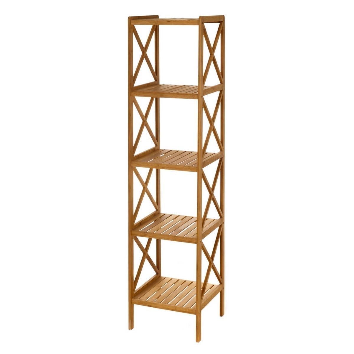 Estantería de pie de bambú natural con 5 baldas alistonadas de 37x33x153 cm | Estante de baño para almacenaje con laterales en cruz decorativos. Resiste 5kg por balda.