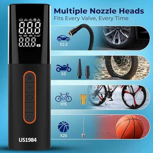 Image of Portable 12V DC Corded Tyre Inflator for Cars, 150 PSI, Fast Inflation, Digital LED Display, 3M Power Cord, Pressure Detection & Auto Shut Off, Emergency LED Light