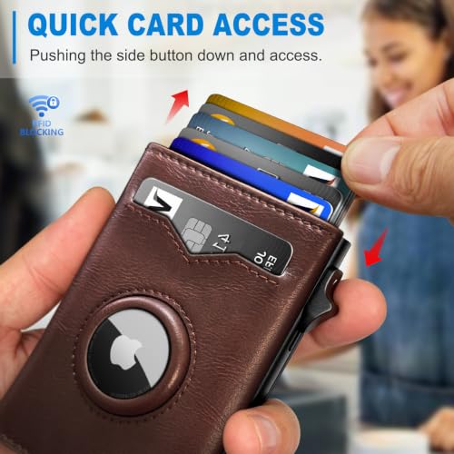 Image of miyozi Airtag Wallet for Men,with Cash Pocket 2 ID Window 9-12 Cards,Metal Case Smart Slim Pop Up Credit Card Holder Flip with Magnetic Closure RFID Blocking Trifold wallet with Gift Box