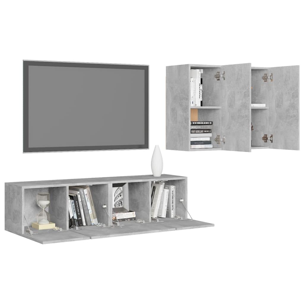 Set di Mobili Porta TV in Legno Multistrato Grigio Cemento 4 pz con Mensole e Cassetti, Supporto Parete e Base, Scaffale per Soggiorno, Consolle con Ripiani e Scomparti Organizzati
