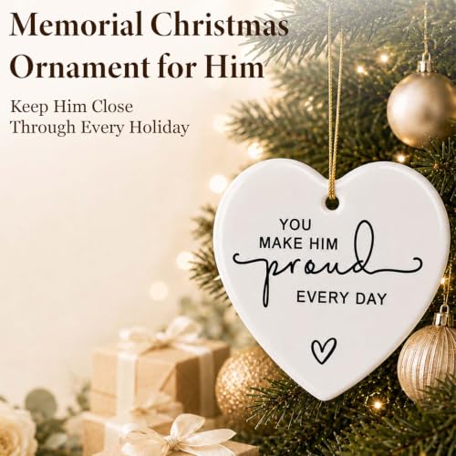 Image of Memorial Gift for Loss of a Loved One, You Make Him Proud Every Day Ceramic Heart Ornament, Sympathy Bereavement Keepsake for Funeral, Remembrance Table, Christmas Tree, Family and Friends