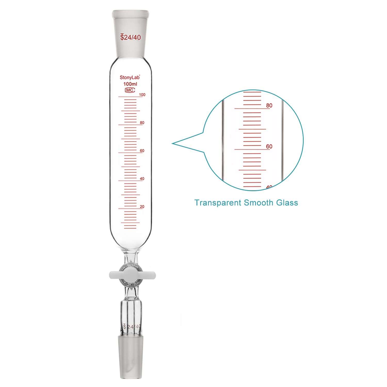 stonylab Lejek rozdzielający wyrównujący ciśnienie 100 ml, szkło borokrzemowe, złącze 24/40, kurek odcinający PTFE, lejek laboratoryjny do dozowania cieczy i odczynników