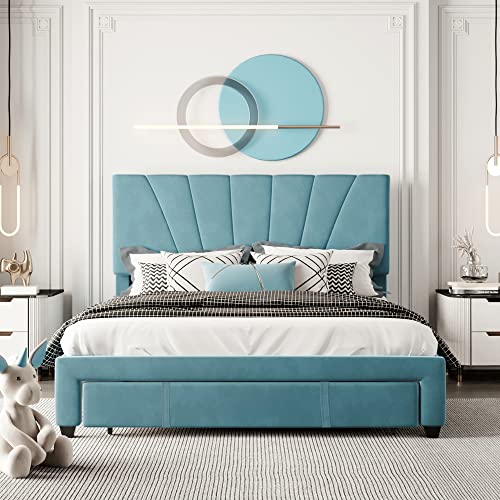 Queen Size Velvet Upholstered Platform Bed With Storage Drawer, Pine Wood Bed Frame Mattress Foundation No Box Spring Needed (Blue), Ckf-005 #TOP26