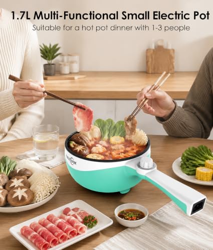 Image of Audecook Electric Hot Pot Mini Electric Skillet Adjustable Power Nonstick | Portable Cooking Pot Multi Ramen Cooker for Noodles, Soup, Steak, Eggs, Oatmeal, Home, Office, Dorm Room, and Travel