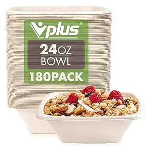Vplus 180 Pack 24 OZ Paper Bowls, Square Disposable Compostable Bowls Bulk, Eco-friendly Bagasse Bowls, Heavy-duty Bowls Perfect for Milk Cereals, Snacks, Salads