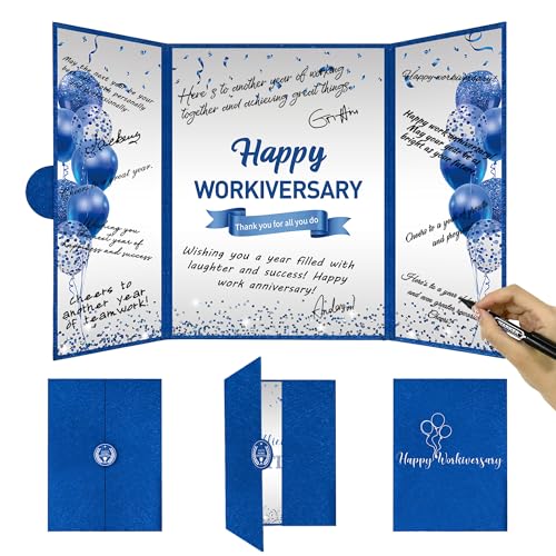 Image of DARUNAXY Blue Silver Happy Workiversary Party Decorations, Navy Blue Happy Work Anniversary Alternative Signature Guest Book for Men Women Employee Business Gifts Signing Card Board for Office Supply