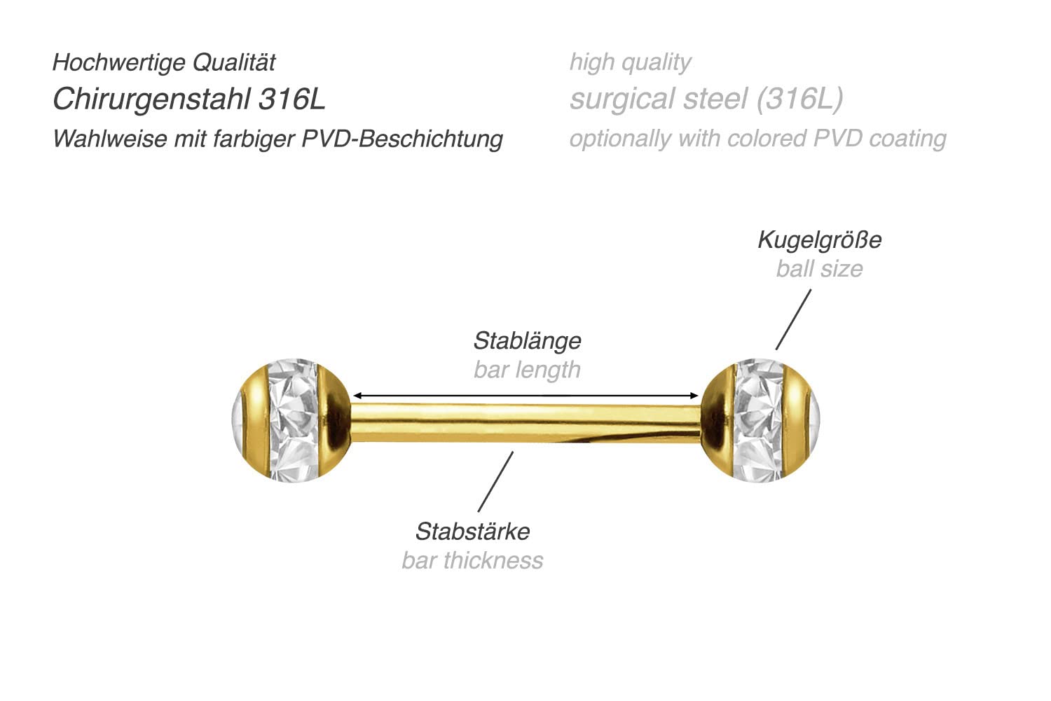 PIERCINGLINE Barbell in acciaio chirurgico, sfere epossidiche + cristalli, barretta per piercing e lingua, colori e dimensioni a scelta