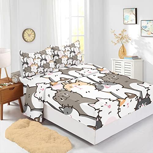CVHOUSE Cat Fitted Sheet Full Size,Cartoon Cat Bed Sheet Set for Kids Teens,Kawaii Bedding Set,1 Flat Sheet & 1 Fitted Sheet with 2 Pillow Cases - 4 Piece