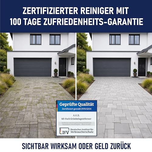 A.K.B. Algen & Grünbelagentferner Konzentrat 60-Fach - 1L für 900m² - Hochwirksam Grünbelag, Flechten & Moos entfernen - Fassadenreiniger, Terrassenreiniger & Steinreiniger intensiv Aussen
