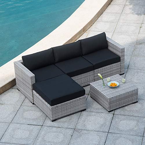 Auro Outdoor Furniture 5-Piece Sectional Sofa Set All-Weather Gray Wicker with Water Resistant Olefin Cushions for Patio Backyard Porch Pool | Incl. Waterproof Cover&Clips (Black