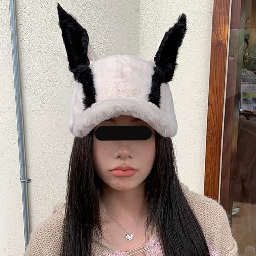 Image of CORIRESHA Cute Bunny Hat with Ears Y2k Grunge Metal Iron Ring Chain Distressed Denim Baseball Cap