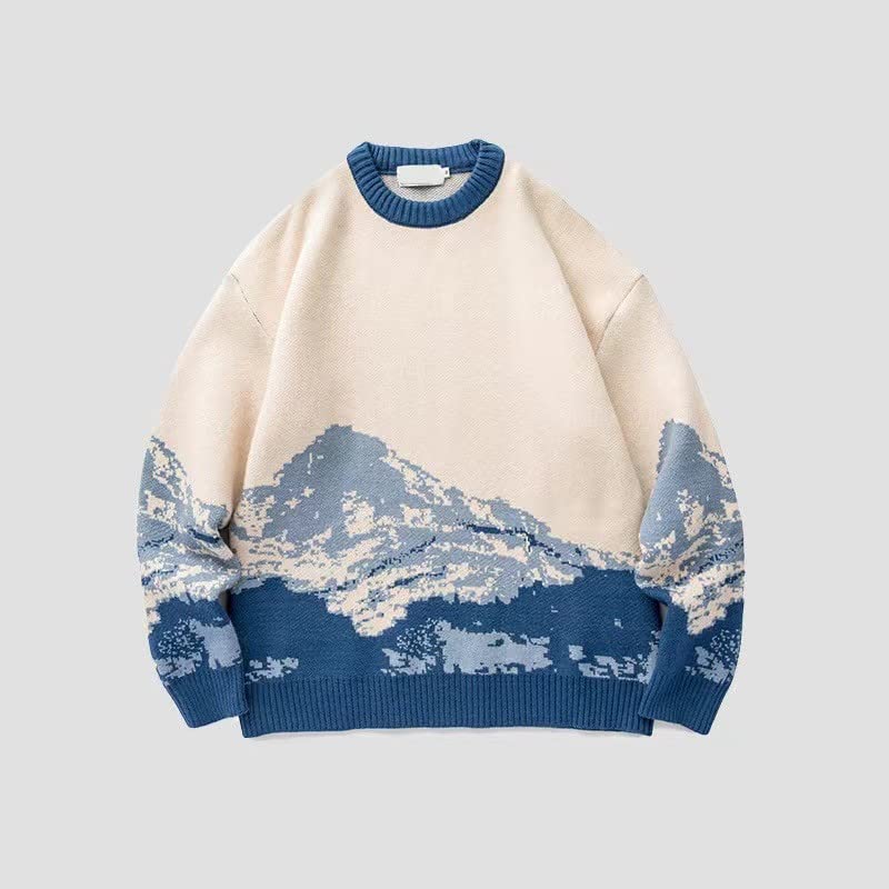 Mens Crewneck Oversized Sweaters Tie-Dye Casual Long Sleeve Knitted Vintage Sweater Mountain Print Jumper Soft Tops2