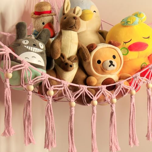 Image of Stuffed Animal Toy Storage Hammock with LED Light - Macrame Jumbo Doll Corner Stuff Animals Organizer Decorations - Cute Hanging Plushie Net Kids Baby Nursery Bedroom Room Decor