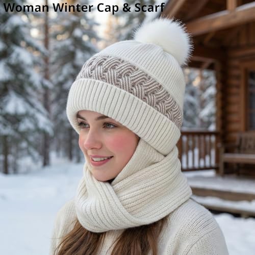 Image of Kraptick Women's Winter Cap and Scarf Set- Thick Fleece Lined Knitted Beanie Hat and Neck Warmer Muffler for Ladies, Stretchable & Soft Woolen Snow Proof for Extreme Cold -6